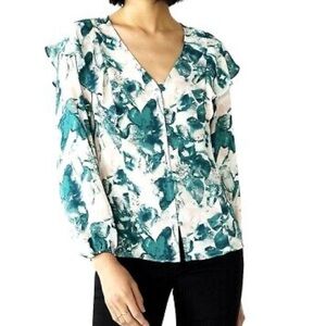 Nine West White and Blue Ruffled 3/4 Sleeve Blouse